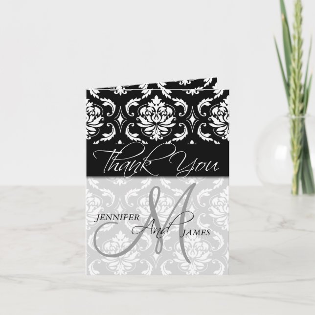 Casamento Obrigado Cartões Black Damask Monograma (Frente)