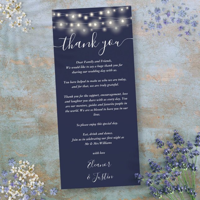 Casamento Obrigado Luzes Marinho Cartão Azul (Wedding Thank You Lights Navy Blue Place Card)