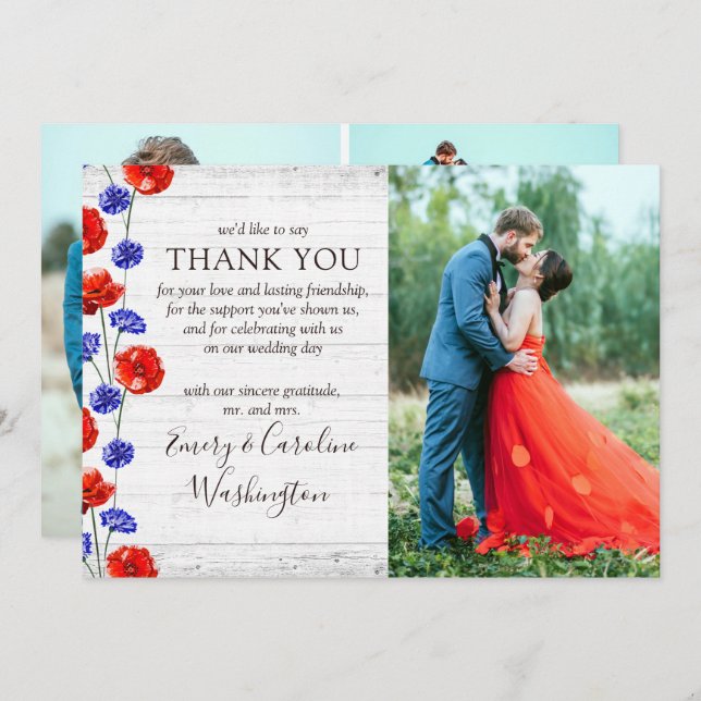 Casamento Obrigado Rustic Red Poppy 4 Cartões com  (Frente/Verso)