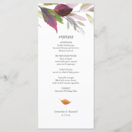 Casamento outono com placa de menu de folhas roxas