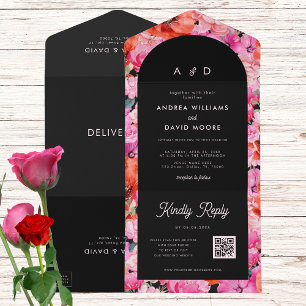 Casamento outono de Código QR Preto Floral Vermelh