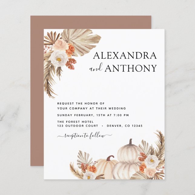 Casamento outono de Orçamento Pumpkins Pampas Gras (Frente/Verso)