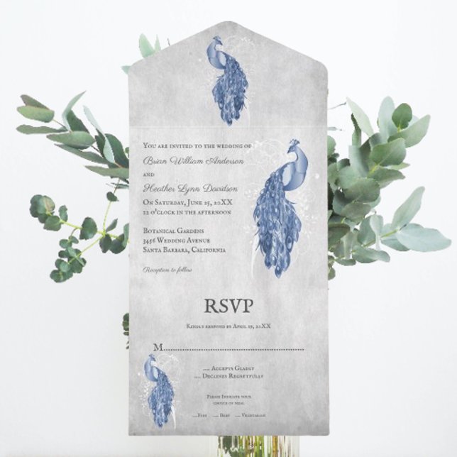 Casamento Pavão Azul Tudo Em Um Convite (Blue Peacock All in One Wedding Invite)