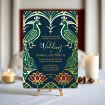 Casamento Pavão e Lótus Elegante Deco Azul Regal