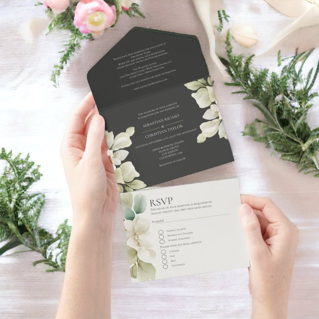 Casamento Personalizado Da Folhagem Verde Sem Muda (Muted Green Foliage Personalized Wedding All In One Invitation from Ricaso. Includes invite & Rsvp)