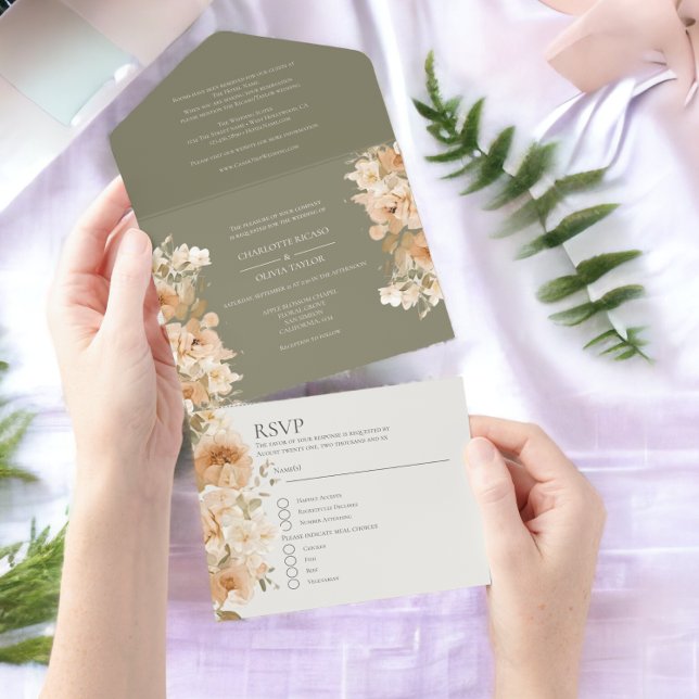 Casamento Personalizado de Flor Verde Sem Lama (Muted Green Peach Flower Personalized Wedding All In One Invitation from Ricaso)
