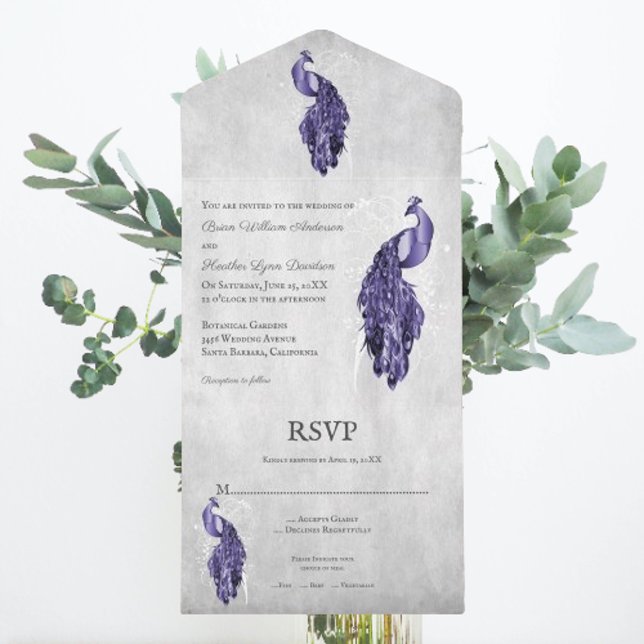Casamento Pêssego Roxo Tudo Em Um Convite (Purple Peacock All in One Wedding Invite)