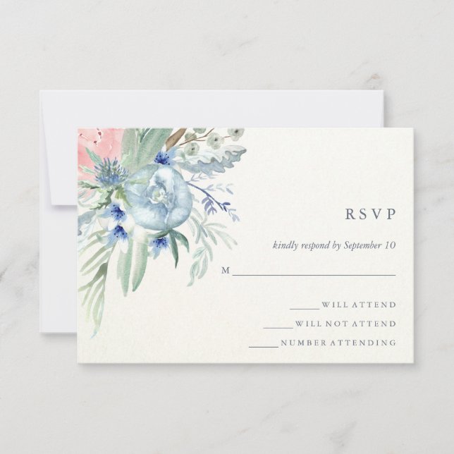 Casamento por Aquarela de Peonia Azul e Rosa RSVP (Frente)