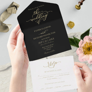 Casamento Preto Caligrafia Ouro Elegante