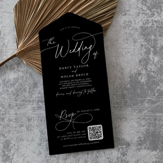 Casamento Preto do Código QR de Charme Elegante (Elegant Charm QR Code Black Wedding All In One Invitation)