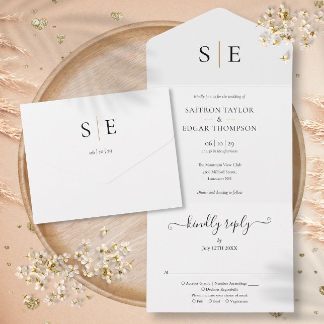 Casamento Preto Dourado Elegante Monograma (Monogram Elegant Gold Black Wedding All In One Invitation)