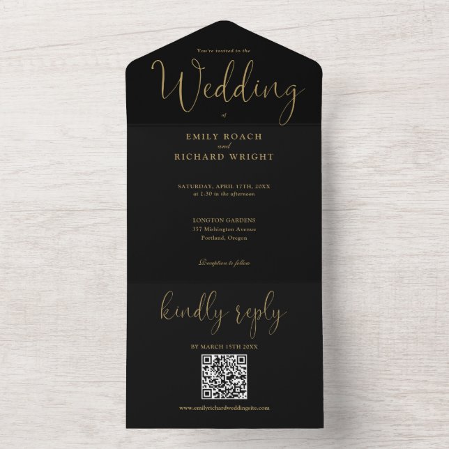 Casamento Preto e Dourado com Código QR Minimalist (Interno)