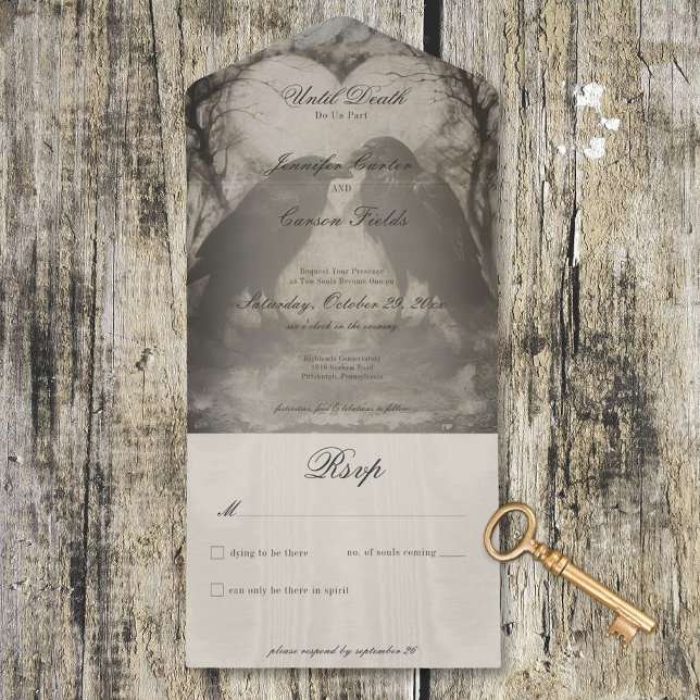 Casamento Preto Gótico Escuro e Raven Sem Janto (Dark Gothic Black & Tan Raven Wedding No Dinner All In One Invitation)