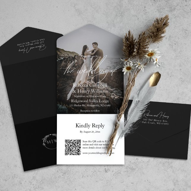 Casamento Preto RSVP de Código QR de Script de Fot (All-in-one wedding invitation with QR code to RSVP - Simplify and save time for you and your guests.)