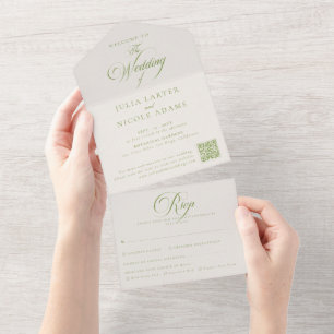 Casamento QR Code Caligrafia Verde Marfim Clássico