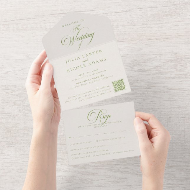 Casamento QR Code Caligrafia Verde Marfim Clássico (Aba destacável)