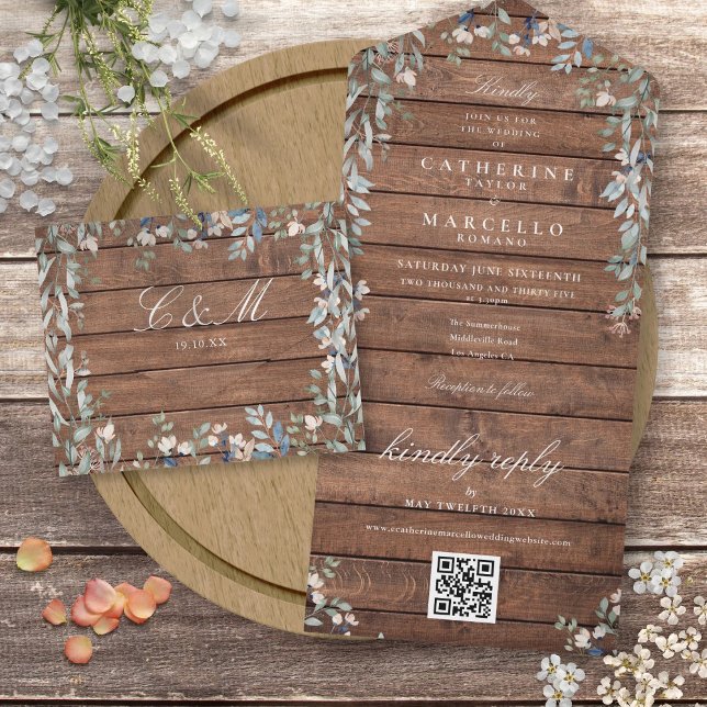 Casamento QR Code Floral Greenery Madeira Rústica  (Rustic Barn Wood Floral Greenery QR Code Wedding A All In One Invitation)