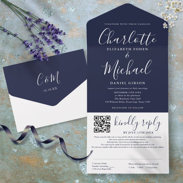Casamento QR Code Moderno Elegante Azul Marinho (Navy Blue Elegant Modern Script QR Code Wedding All In One Invitation)