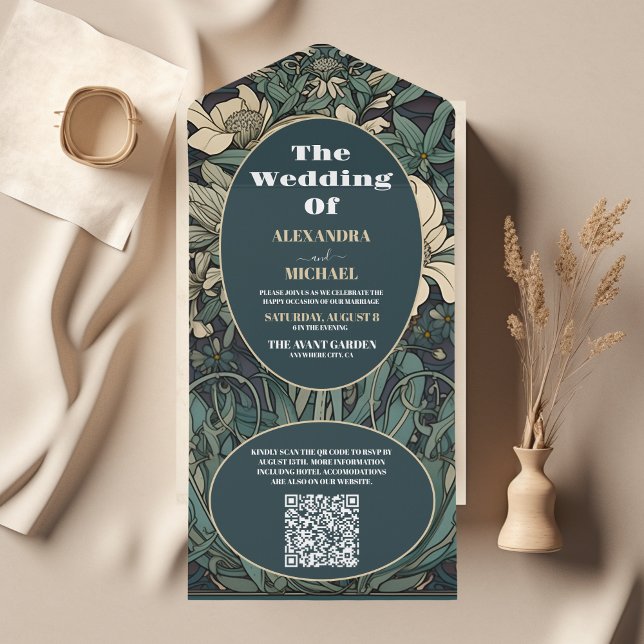 Casamento QR CodeVintage Floral Art Nouveau (Criador carregado)