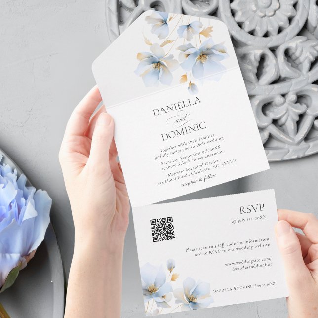 Casamento QR de Flores Florais Azuis Douradas Eleg (Elegant Gold Blue Floral Wildflowers QR Wedding All In One Invitation)