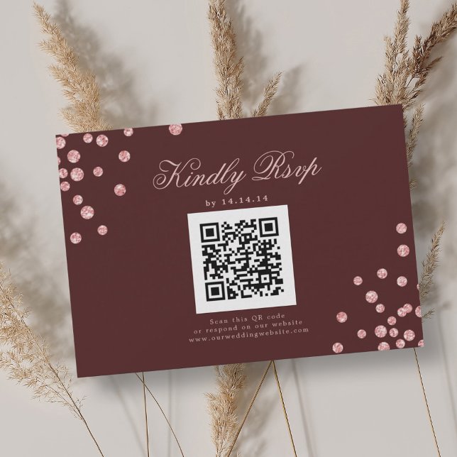 Casamento QR RSVP Rosa Dourado Confetti Burgundy V (Wedding QR RSVP Rose Gold Confetti Burgundy Red)