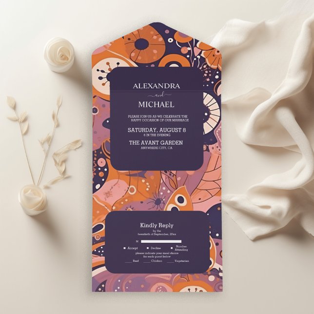 Casamento retrô laranja rubor rosa roxo groovy (Criador carregado)