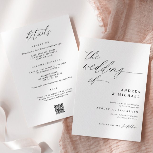 Casamento Romântico Moderno - Tudo em Um Convite (Modern Romantic Elegant Wedding Invitation with Details on Back - Delicate Calligraphy)
