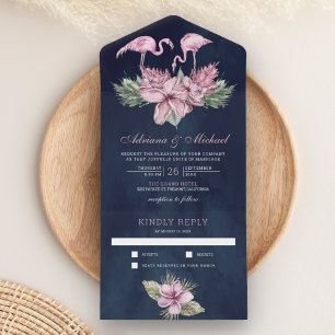 Casamento Rosa Floral Tropical Flamingo Azul Naval