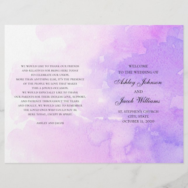 Casamento roxo aquarela. Programa lavanda dobrado (Frente)