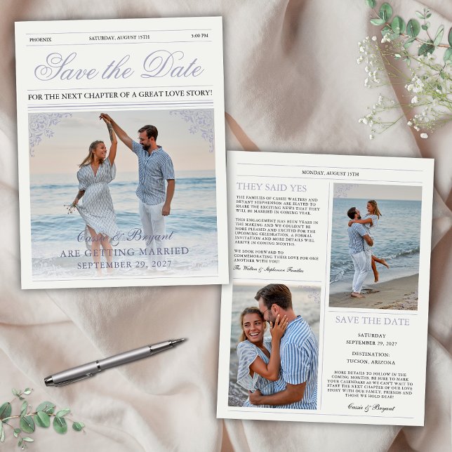 Casamento Roxo do Jornal Elegante Salve a Data (Lavender purple unique newspaper save the date for wedding engagement with vintage elegant theme)
