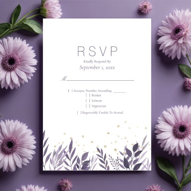 Casamento RSVP Botânico de Glitter Dourado Roxo (Criador carregado)