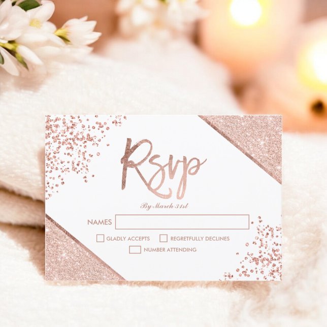 casamento rsvp branco de confetti com rosa dourado (Rose gold glitter confetti white rsvp wedding)