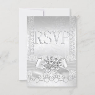 Casamento RSVP Branco Pérola Prata Renda Damask
