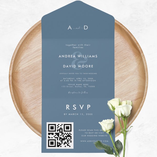 Casamento RSVP de Ampersand Azul Moderno e Código  (Criador carregado)