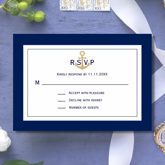 Casamento RSVP de Âncora Dourada Azul de Marinho N (Criador carregado)