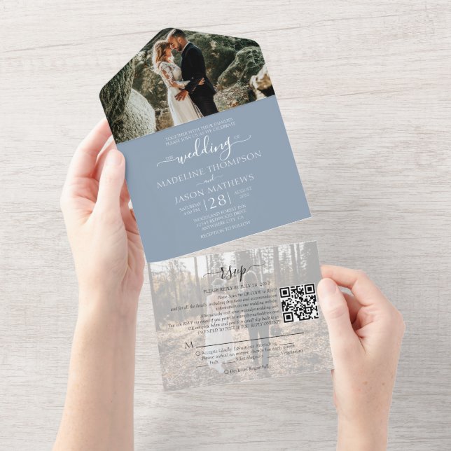 Casamento RSVP de Código QR de Foto Azul 2 Simples (Aba destacável)