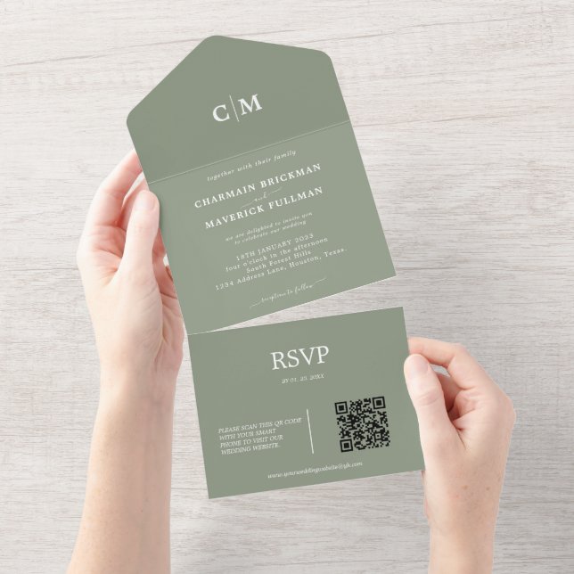 Casamento RSVP de Código QR do Monograma Verde de  (Aba destacável)