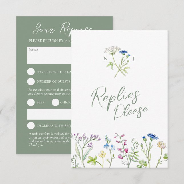 Casamento RSVP de Cores d'água de flor silvestre v (Frente/Verso)