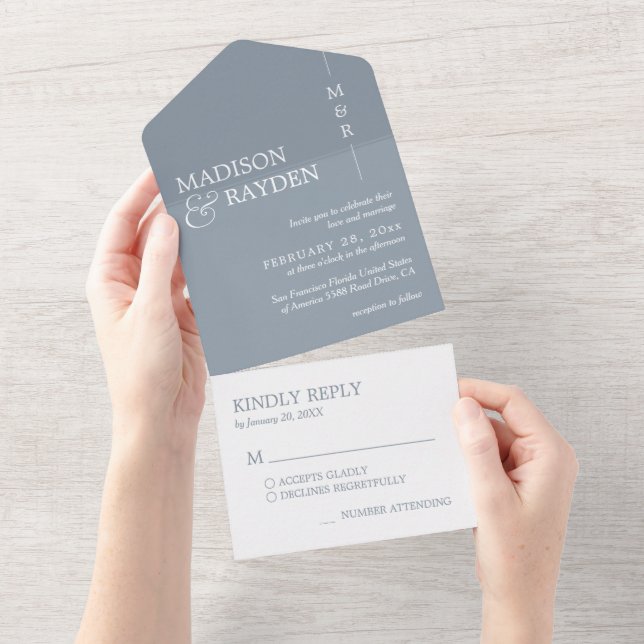 Casamento RSVP de Monograma Azul Simples Dusty Min (Aba destacável)