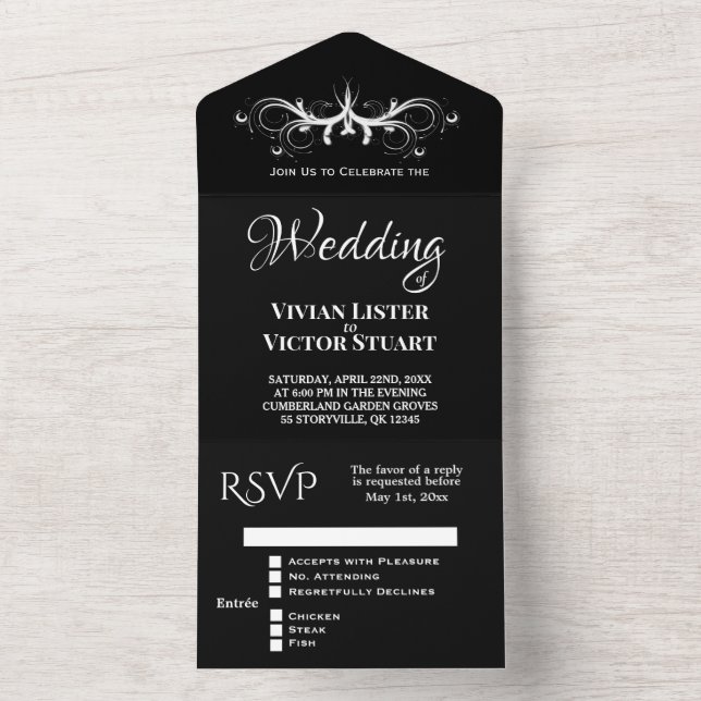 Casamento Rsvp de três dobras preto e branco cláss (Interno)