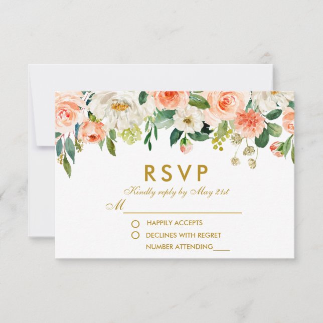 Casamento RSVP Dourado de Coral Floral de Watercol (Frente)
