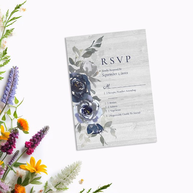 Casamento RSVP Floral de marinho Azul Prata Aquare (Criador carregado)