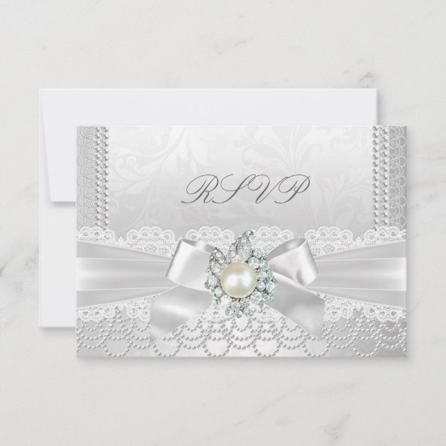 Casamento RSVP Pérola Branca Lace Damask Diamante (Frente)