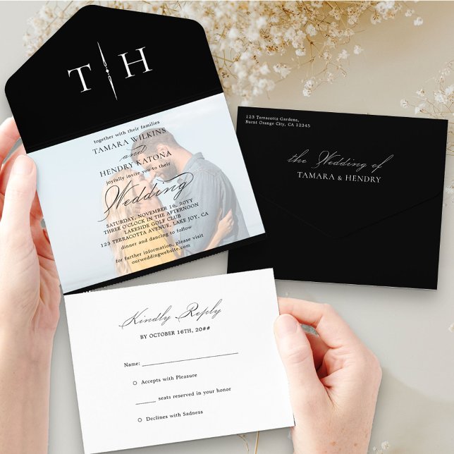 Casamento RSVP Preto de Foto de Caligrafia Simples (Criador carregado)