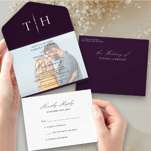 Casamento RSVP Roxo de Foto em Caligrafia Simples