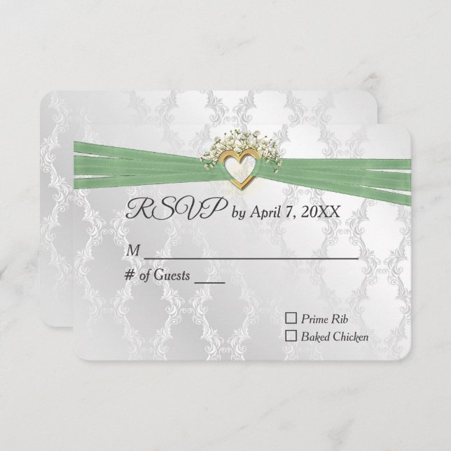 Casamento RSVP Sage Ribbon Em Coração Em Satin (Frente/Verso)
