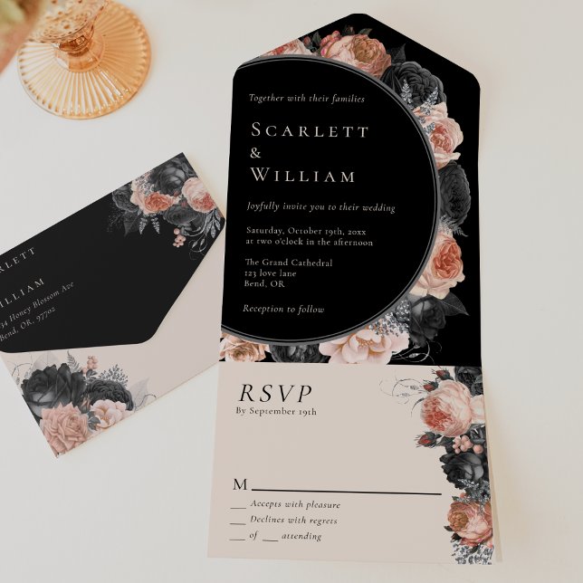 Casamento RSVP Simples de Blush Preto Vintage Góti (Criador carregado)