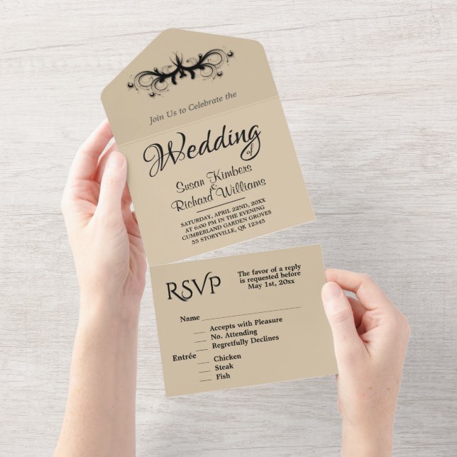 Casamento Rsvp Simples Sandstone e Black Tri Fold (Aba destacável)
