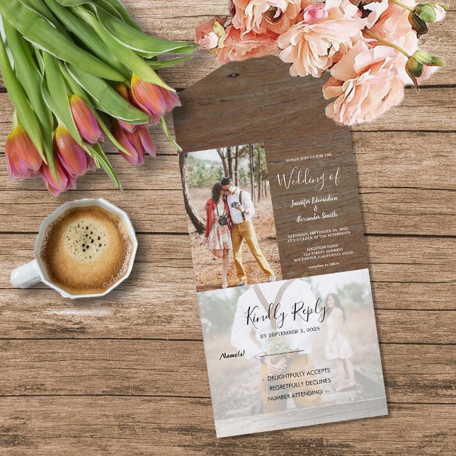 Casamento russo com foto-país (Rustic barn wood photo country Wedding All In One Invitation. Wedding invitation and RSVP in one.)