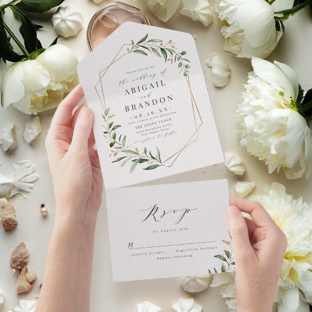 Casamento Russo Geométrico Dourado do Verde Modern (Modern Greenery Gold Geometric Rustic Wedding All In One Invitation)